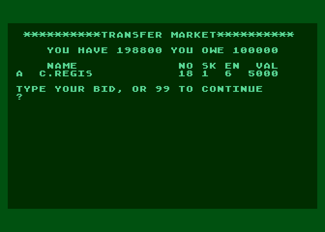 Football Manager Atari 8-bit Screenshot: Transfer market.