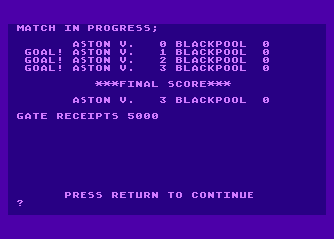 Football Manager Atari 8-bit Screenshot: Match in progress...