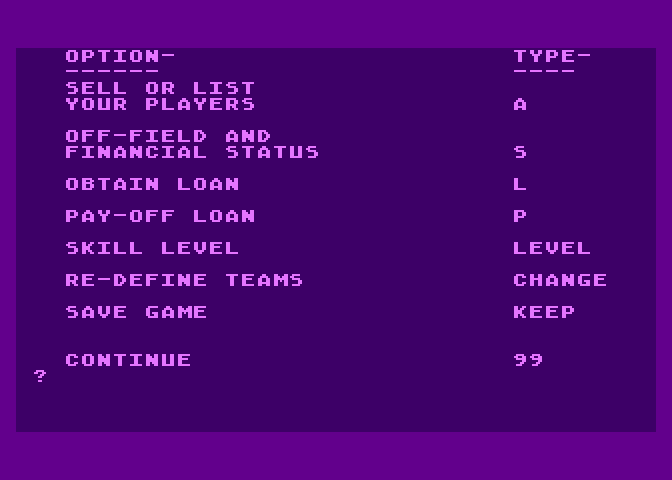 Football Manager Atari 8-bit Screenshot: Main menu.