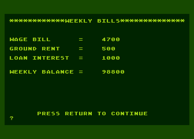Football Manager Atari 8-bit Screenshot: Weekly bills...