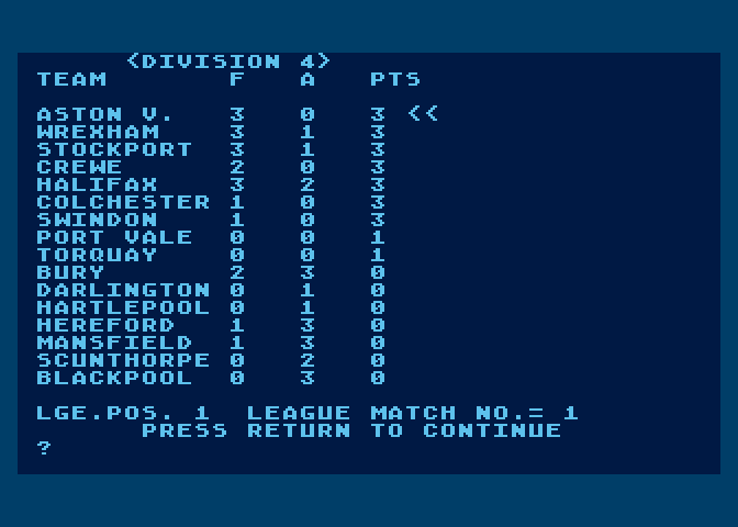 Football Manager Atari 8-bit Screenshot: Some more stats...