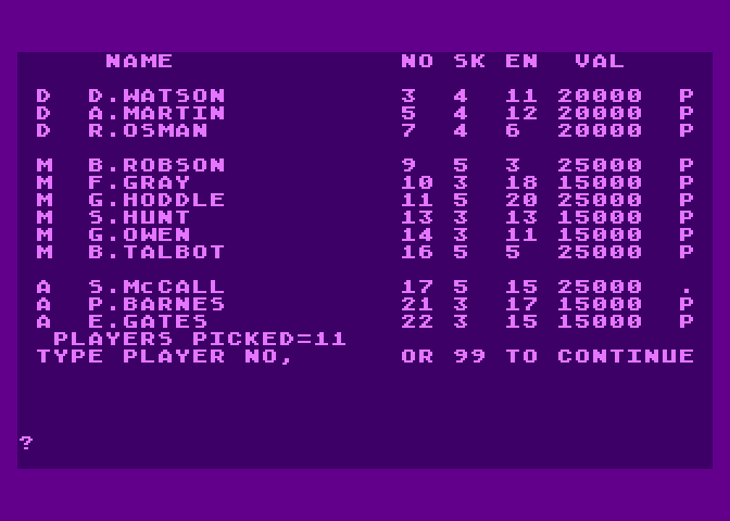 Football Manager Atari 8-bit Screenshot: Taking a look at my players...