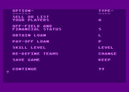 Football Manager for Atari 8-bit - Main menu.
