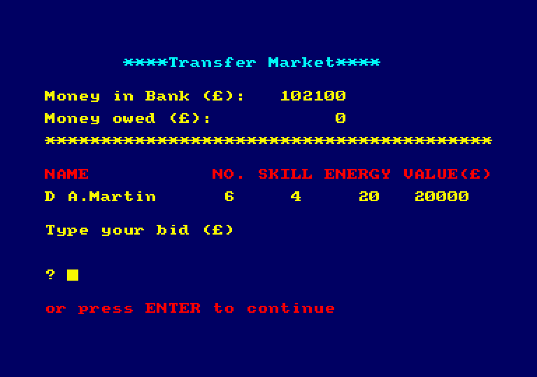 Football Manager Amstrad CPC Screenshot: Bid on this player?