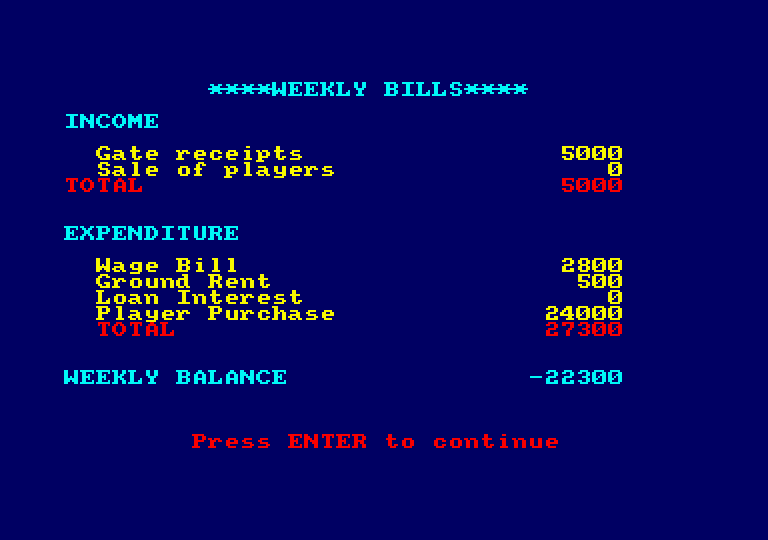 Football Manager Amstrad CPC Screenshot: More bills...