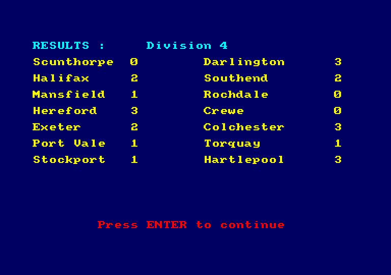 Football Manager Amstrad CPC Screenshot: Some more results and stats...