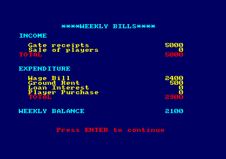 Football Manager Amstrad CPC Screenshot: The weekly bills.