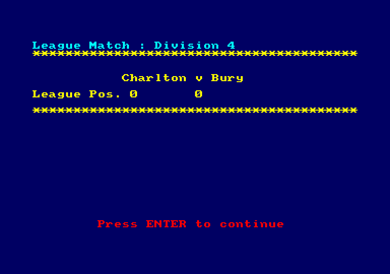 Football Manager Amstrad CPC Screenshot: The first match is about to begin.