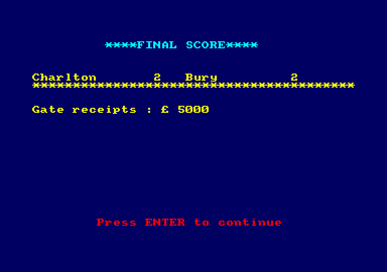 Football Manager Amstrad CPC Screenshot: The final score.