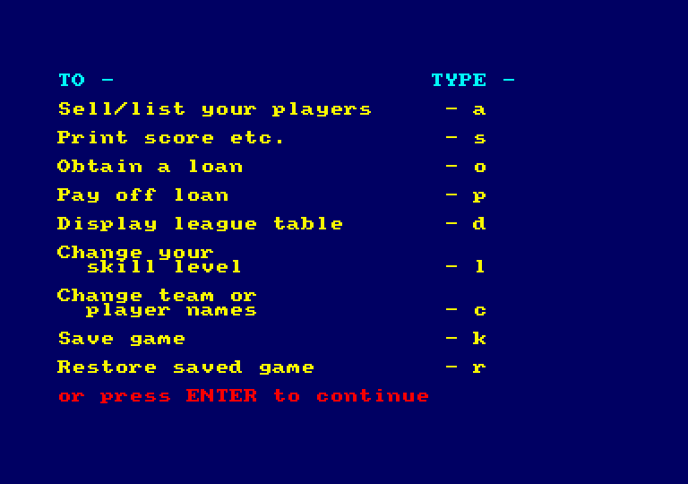 Football Manager Amstrad CPC Screenshot: Main game menu; buy or sell players, obtain loans, and more!