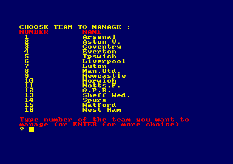 Football Manager Amstrad CPC Screenshot: Choose a team to manage...