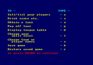 Football Manager for Amstrad CPC - Main game menu; buy or sell players, obtain loans, and more!