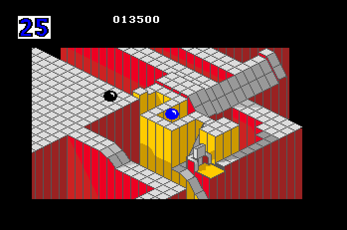 Marble Madness Apple IIgs Screenshot: Use the catapult to cross chasms.