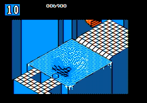 Marble Madness Apple II Screenshot: This dish shaped area sends your marble in seemingly random directions.