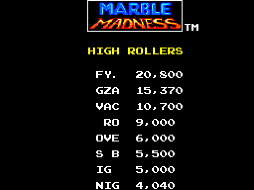 Marble Madness Sega Master System Screenshot: High scores.