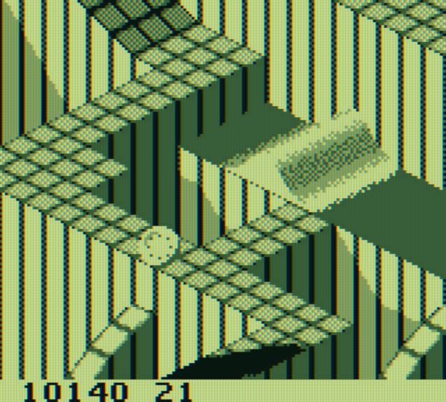 Marble Madness Game Boy Screenshot: You can try riding the mechanical wave, or take the narrow path...