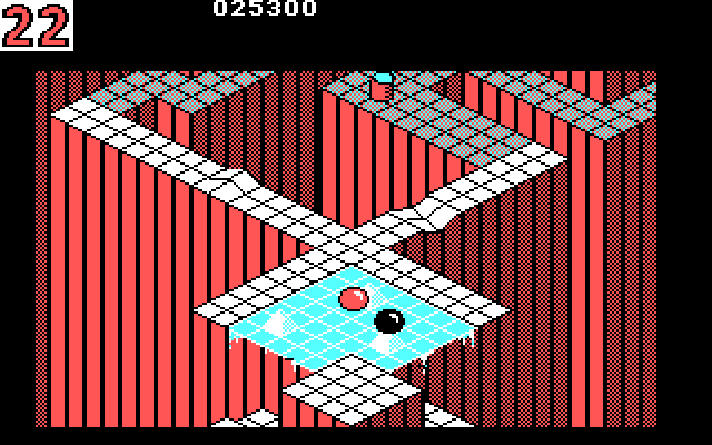 Marble Madness IBM PC/Compatibles Screenshot: The black marble tries to knock you off of the path.