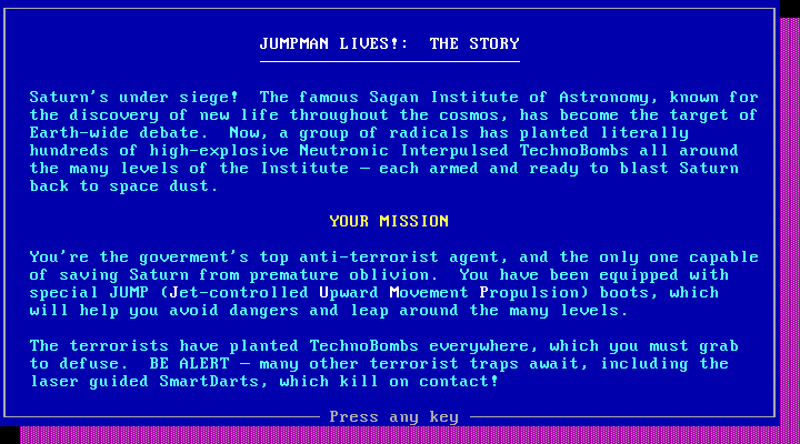 Jumpman Lives! IBM PC/Compatibles Screenshot: The story so far...