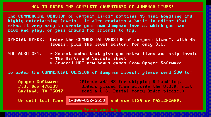 Jumpman Lives! IBM PC/Compatibles Screenshot: How to order the game.