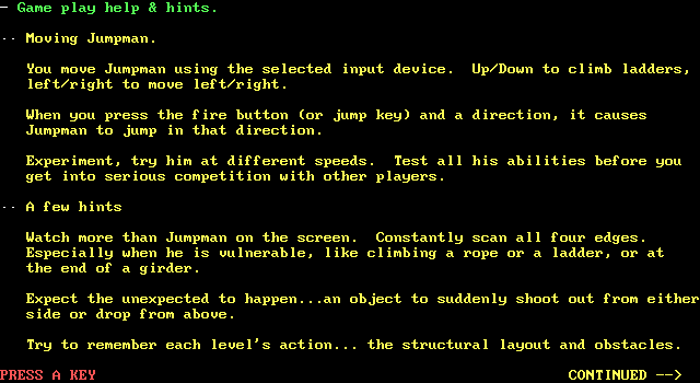 Jumpman Lives! IBM PC/Compatibles Screenshot: One of several help screens.