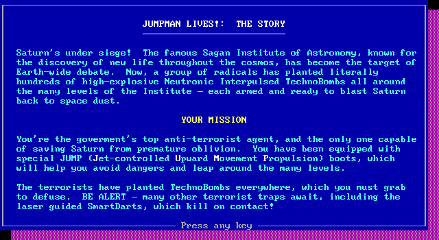 Jumpman Lives! IBM PC/Compatibles Screenshot: The story so far...