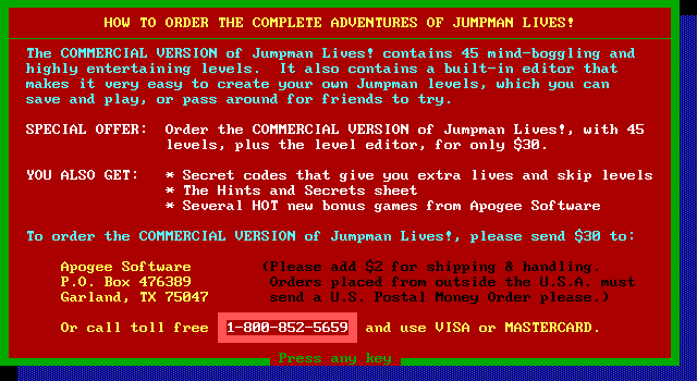 Jumpman Lives! IBM PC/Compatibles Screenshot: How to order the game...