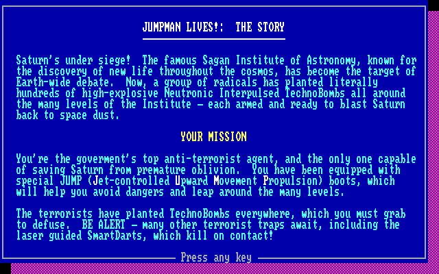 Jumpman Lives! IBM PC/Compatibles Screenshot: The story so far...