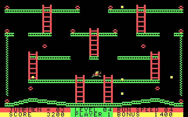 Jumpman Lives! IBM PC/Compatibles Screenshot: The moving blocks cause your Jumpman to randomly jump...