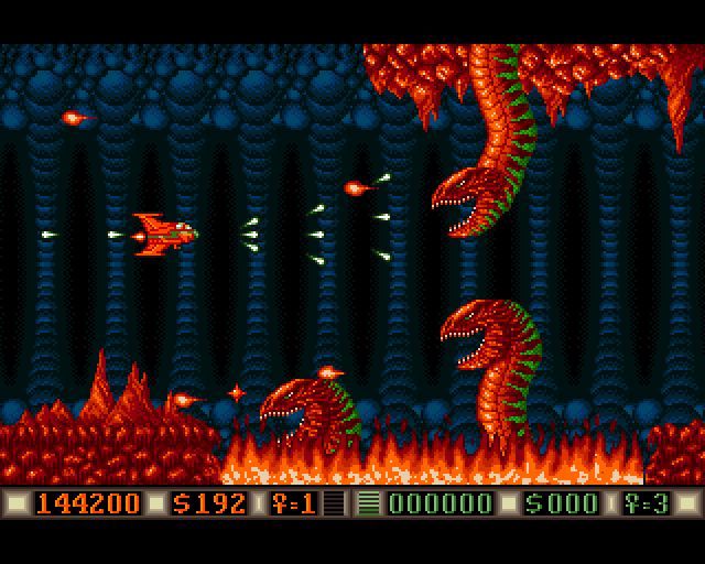 Blood Money Amiga Screenshot: Some serpents appear from the fire on this world...