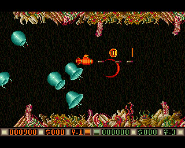 Blood Money Amiga Screenshot: World two; don't get hit by giant jelly fish!