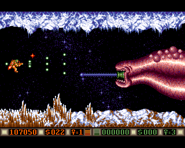 Blood Money Amiga Screenshot: The end of level boss for the ice world.