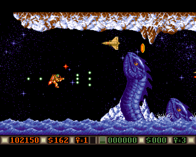 Blood Money Amiga Screenshot: Giant serpents attack from the icy waters...