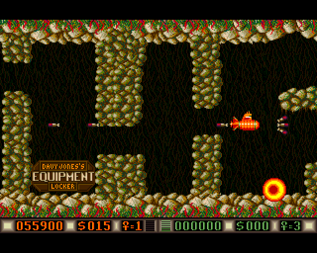Blood Money Amiga Screenshot: The path to navigate through is sometimes narrow...