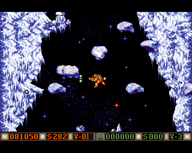 Blood Money Amiga Screenshot: Avoid asteroids in this vertically scrolling section.