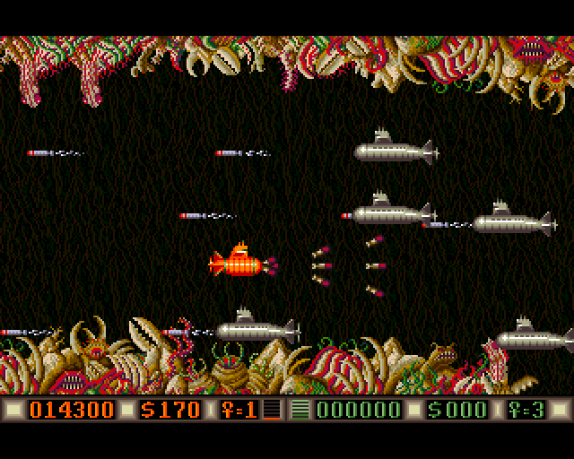 Blood Money Amiga Screenshot: Numerous submarines appear at once!