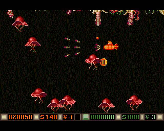 Blood Money Amiga Screenshot: Shoot these red opponents to earn money...