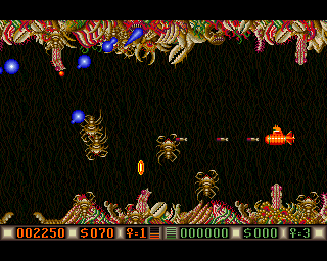 Blood Money Amiga Screenshot: Scorpion like creatures attack!