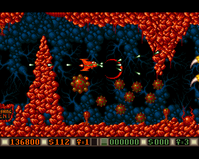 Blood Money Amiga Screenshot: The path I need to fly through looks blocked!