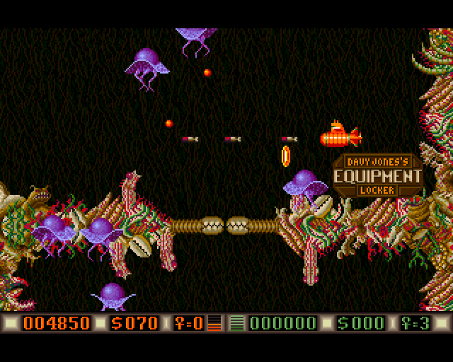 Blood Money Amiga Screenshot: Land here to buy some equipment...