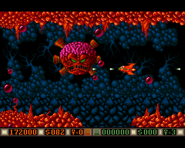Blood Money Amiga Screenshot: The end of level boss for the fourth world.