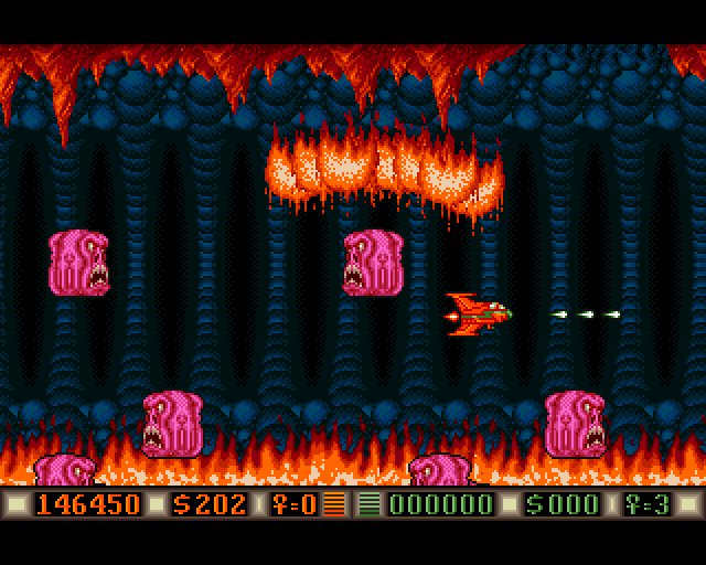 Blood Money Amiga Screenshot: Flames and other monsters attack here.