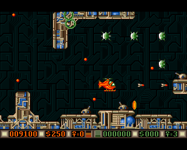Blood Money Amiga Screenshot: Some enemies, like these spikey things, release coins when shot.