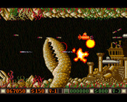Blood Money for Amiga - Giant claws and submarines all attack at the same time.