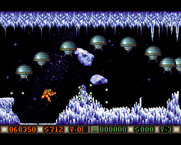 Blood Money for Amiga - Shoot the green saucers to earn some money...