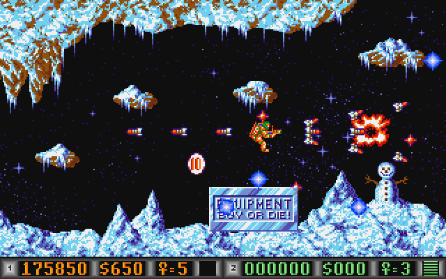 Blood Money Atari ST Screenshot: Another place to buy new equipment! Just don't crash getting there...