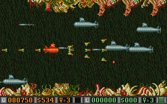 Blood Money Atari ST Screenshot: Numerous submarines appear at once; shoot them for money!