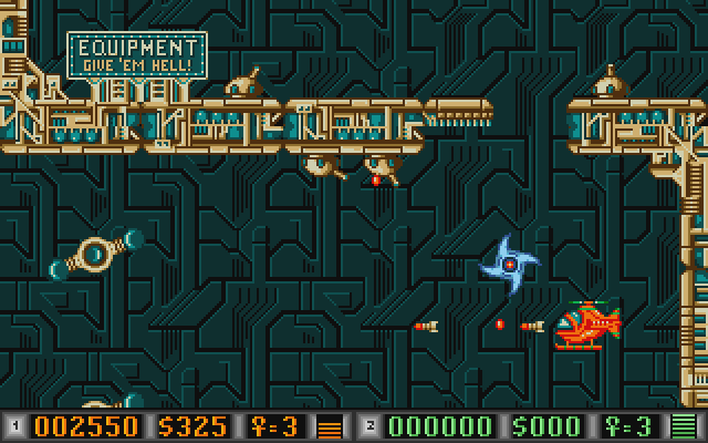 Blood Money Atari ST Screenshot: Land in the upper left to buy more equipment...