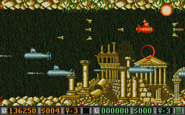 Blood Money Atari ST Screenshot: More subs attack in this underwater city...
