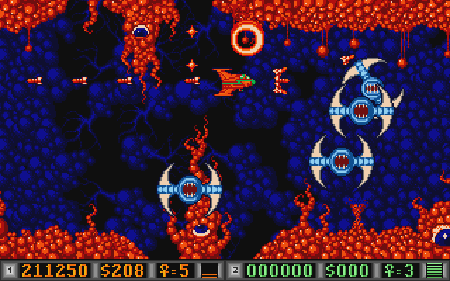 Blood Money Atari ST Screenshot: These giant spinning monsters need to be destroyed to make it past this area.