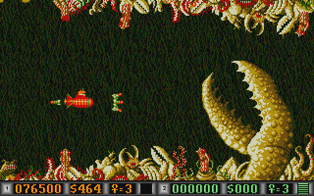 Blood Money Atari ST Screenshot: A giant claw gets in the way...